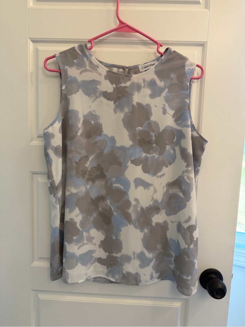 Calvin Klein Abstract Floral Watercolor Sleeveless Blouse Gray Blue S
